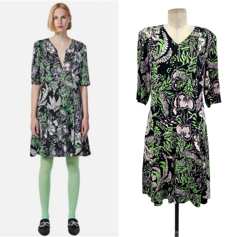 Rodebjer Kandy Dress In Vegetal Floral Print Black Green Size Large
